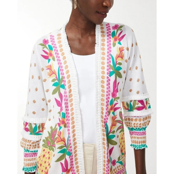 NWT Chico's Summer Romance Tropical Tassel Cardigan Size 4 XXL Open 3/4 Sleeves - Picture 1 of 12